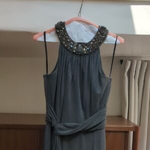 David Meister Jeweled Collar Gown Grey Silver sz8